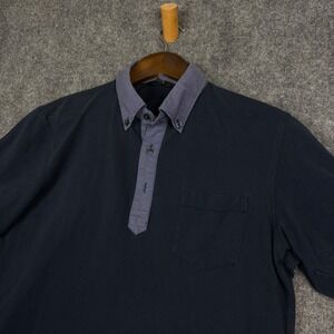 Uniqlo Polo Shirt Mens M Navy Blue Contrast Check Collar Button Down Pocket 0376